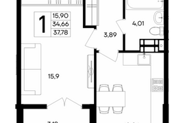 Продажа 1-комнатной квартиры 37,786 к...