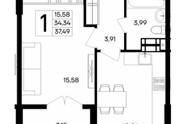 Продажа 1-комнатной квартиры 37,493 к...