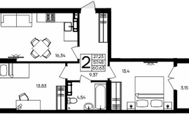 Продажа 2-комнатной квартиры 60,636 к...