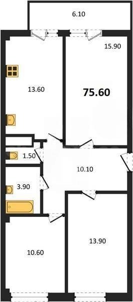 Продажа 3-комнатной квартиры 75,63 кв м, 1/9 этаж, улица Токарева. Ленинский район.
