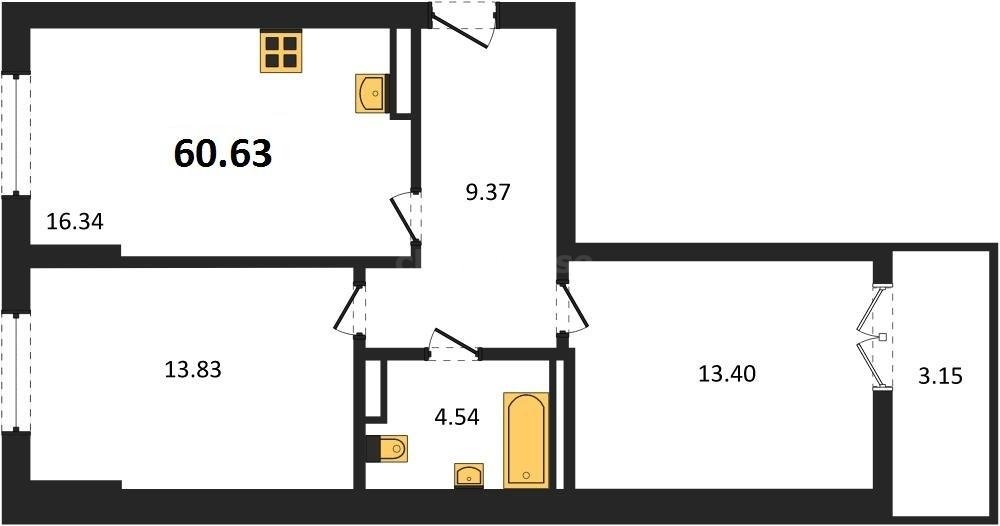 2-к. квартира, 60,63 м², 8/9 этаж                                              