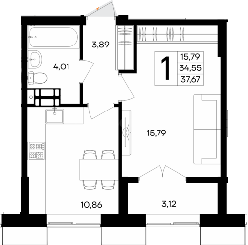 1-к. квартира, 37,67 м², 5/5 этаж                                            