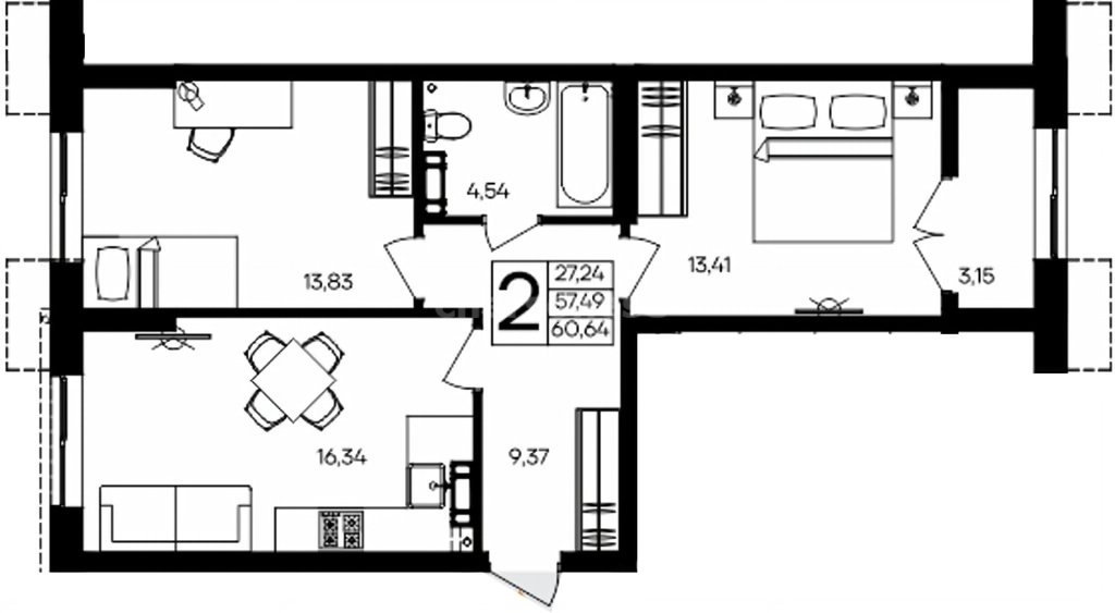 2-к. квартира, 60,64 м², 6/9 этаж                                               