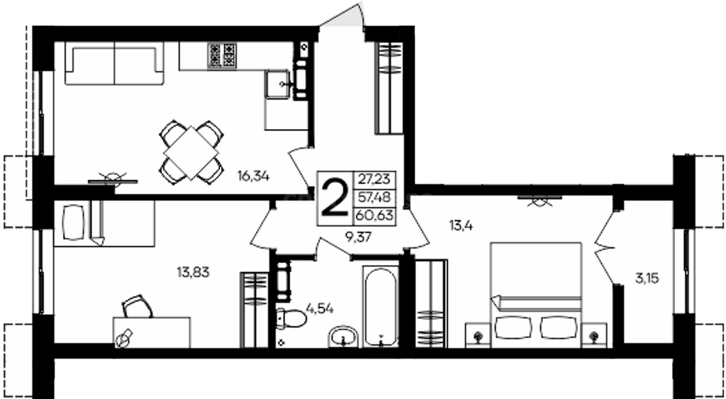 2-к. квартира, 60,63 м², 3/9 этаж                                             