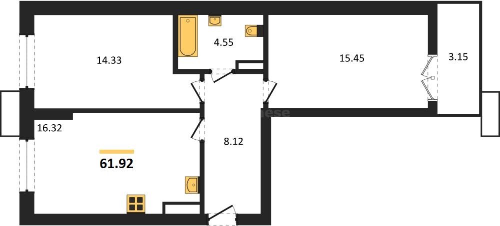 2-к. квартира, 61,92 м², 5/9 этаж                                               