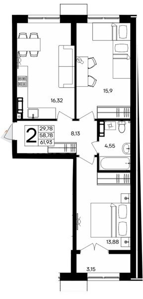 2-к. квартира, 61,93 м², 8/9 этаж                                         
