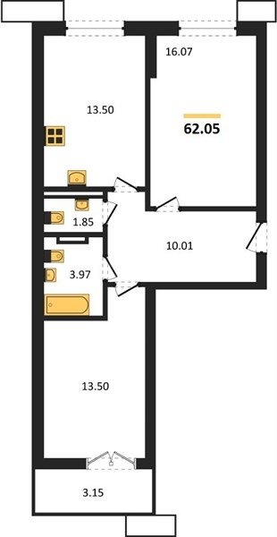 2-к. квартира, 62,05 м², 5/9 этаж                                             