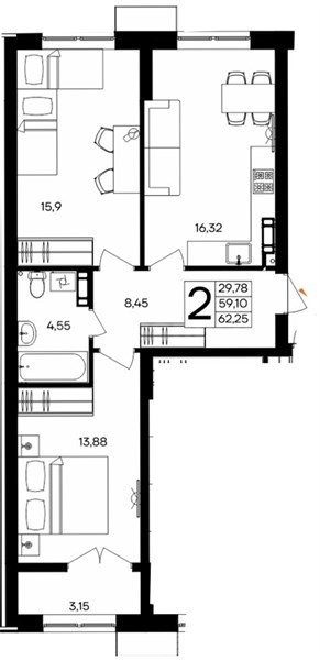 2-к. квартира, 62,25 м², 7/9 этаж                                              