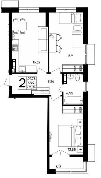 2-к. квартира, 62,09 м², 4/9 этаж                                        