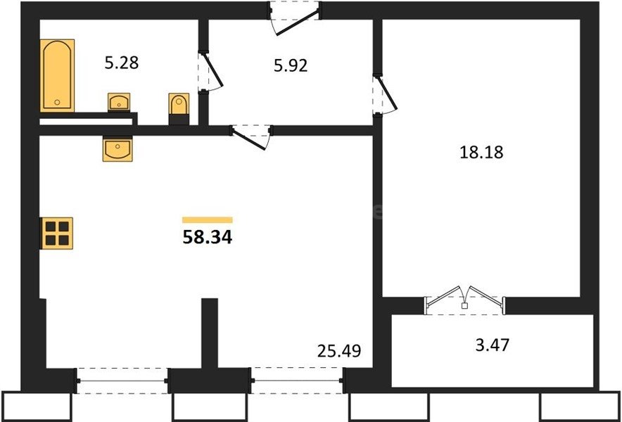 1-к. квартира, 58,34 м², 5/9 этаж                                               