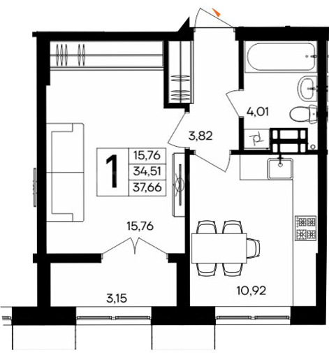 1-к. квартира, 37,66 м², 6/9 этаж                                               