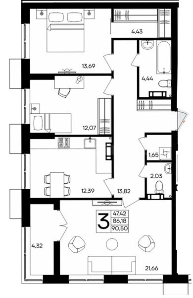 3-к. квартира, 90,5 м², 6/9 этаж                                        