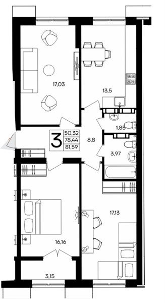 3-к. квартира, 81,59 м², 7/9 этаж                                     