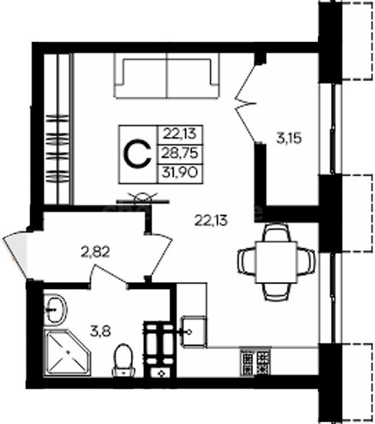 Квартира-студия, 31,9 м², 7/9 этаж                                                 