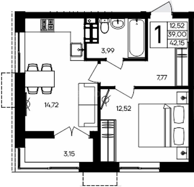 1-к. квартира, 42,15 м², 4/9 этаж                                           