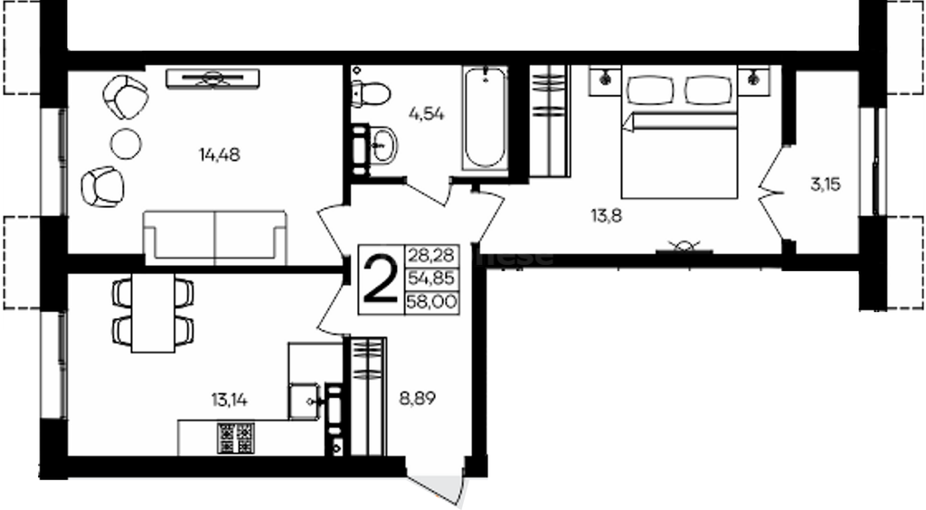 2-к. квартира, 58 м², 7/9 этаж                                                 