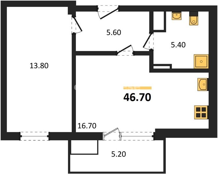 1-к. квартира, 46,7 м², 8/9 этаж                                                