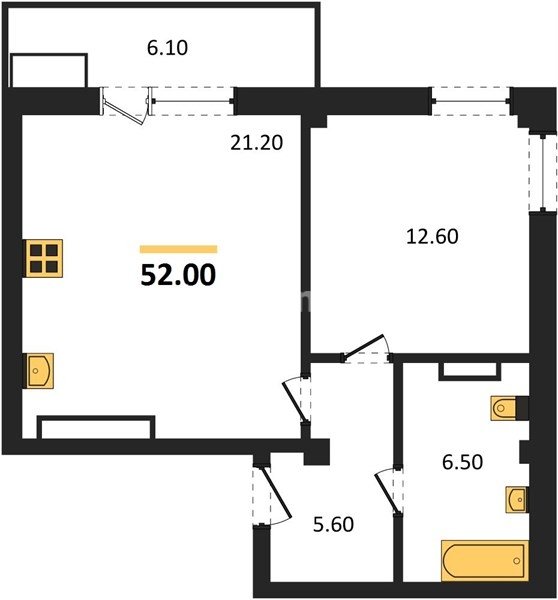 1-к. квартира, 52 м², 9/9 этаж                                                