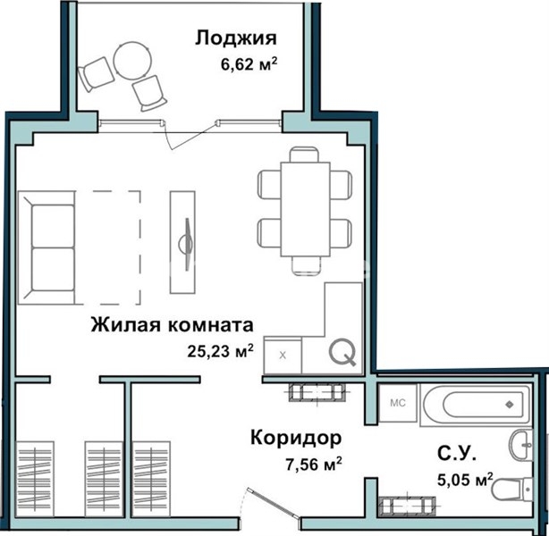 Квартира-студия, 44,3 м², 5/5 этаж                                            