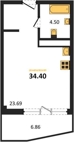 Квартира-студия, 34,4 м², 5/5 этаж                                            